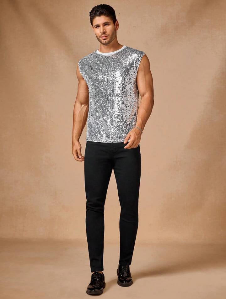 Men's Casual Sequin Knitted Loose Fit Short Sleeve Tank Top